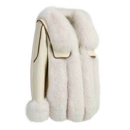 Genuine Leather Jacket With Real Fox Fur V-neck Collar Spring