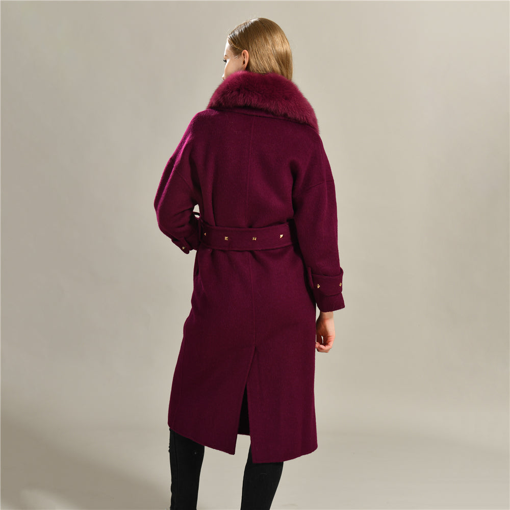 Jaxmonoy Cashmere Coat With Real Fur Collar And Rivet On The Belt