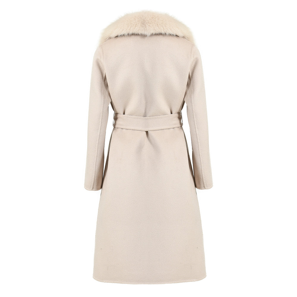 Double Breasted Long Style Breathable Wool Coat With Real Fur Collar
