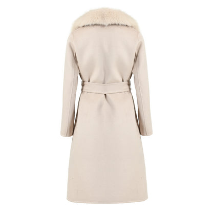 Double Breasted Long Style Breathable Wool Coat With Real Fur Collar