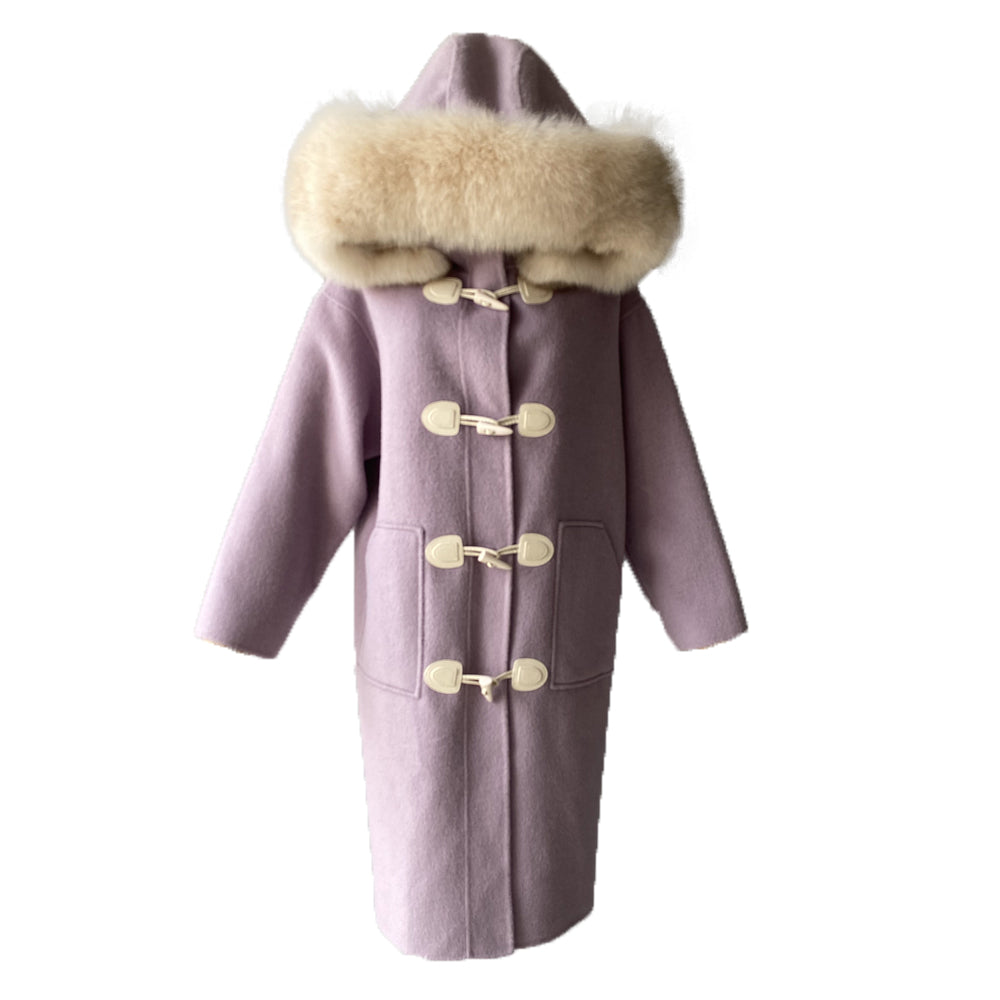 Jaxmonoy Women Cashmere Long Winter Coat Big Real Fur Jacket Horn Button Overcoat