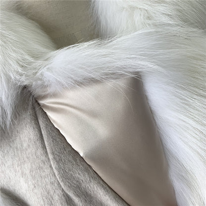 Jaxmonoy Women Wool Coat With Luxury Real Fur Collar And Belt