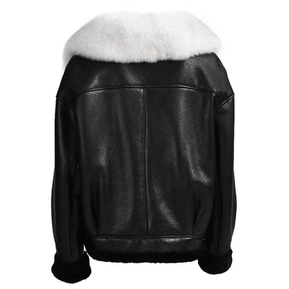 Shearling Coat With Real Fox Fur Collar Leather Jacket For Women
