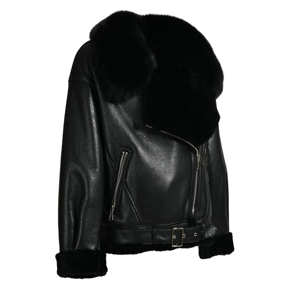 Shearling Coat With Real Fox Fur Collar Leather Jacket For Women