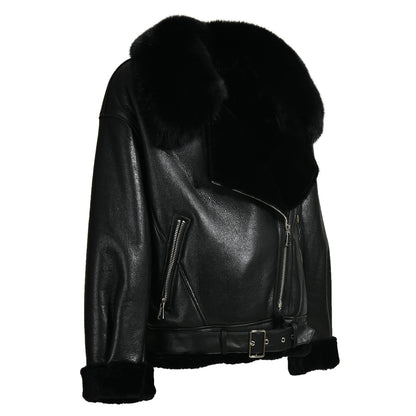 Shearling Coat With Real Fox Fur Collar Leather Jacket For Women