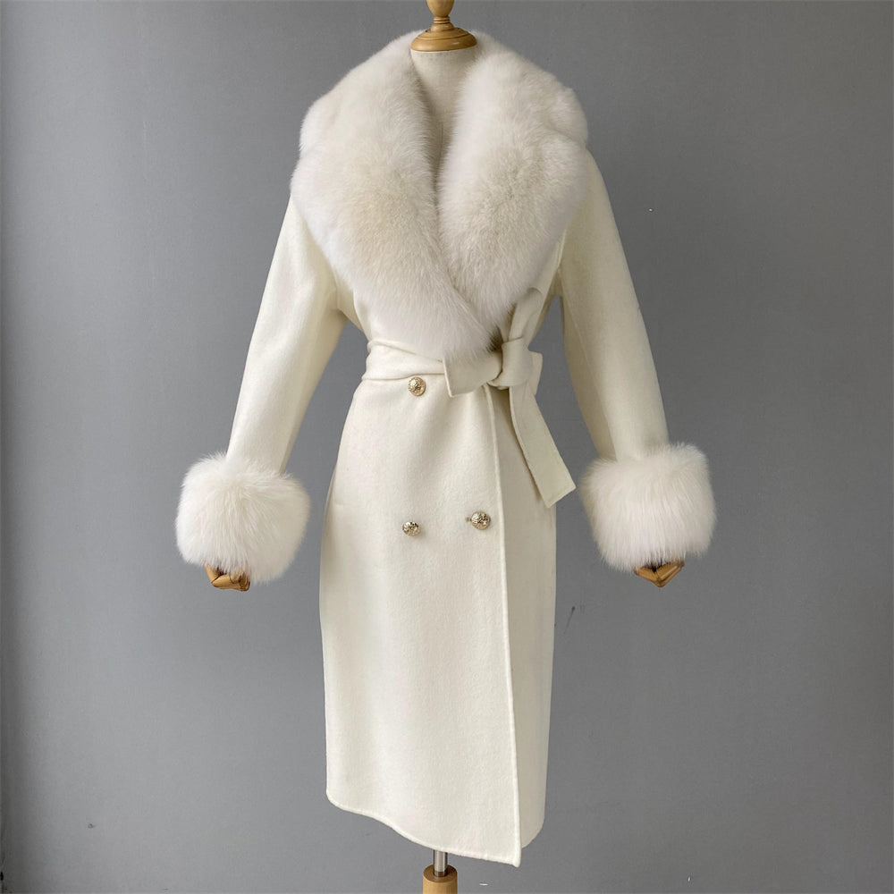 Jaxmonoy Luxurious Double-sided Cashmere Coat With Removable Big Fox Fur Collar And Cuffs