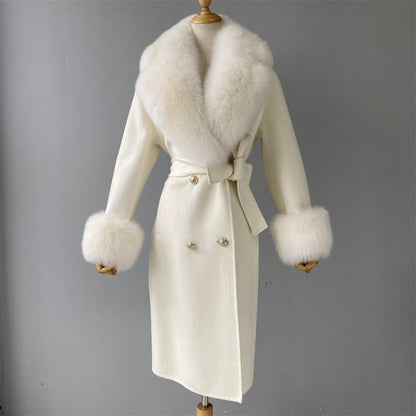 Jaxmonoy Luxurious Double-sided Cashmere Coat With Removable Big Fox Fur Collar And Cuffs