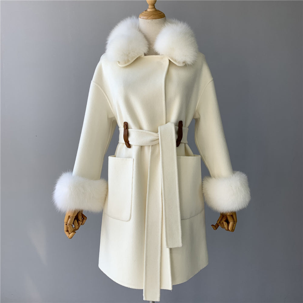 Jaxmonoy High-end Cashmere Coat With Big Real Fur Collar And Cuffs