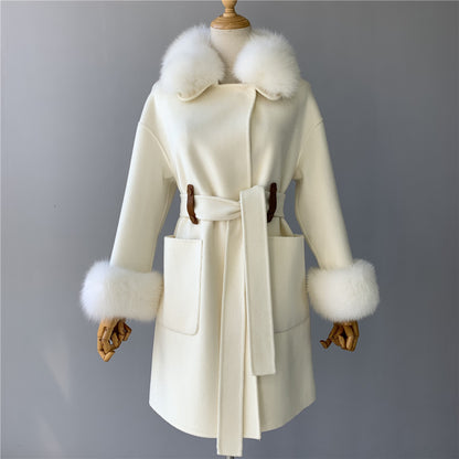 Jaxmonoy High-end Cashmere Coat With Big Real Fur Collar And Cuffs