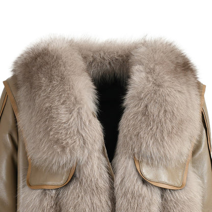 Genuine Leather Jacket With Real Fox Fur V-neck Collar Spring