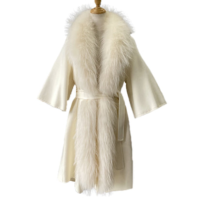 Jaxmonoy Women Cashmere Wool Coat Real Raccoon Collar Luxury Belt