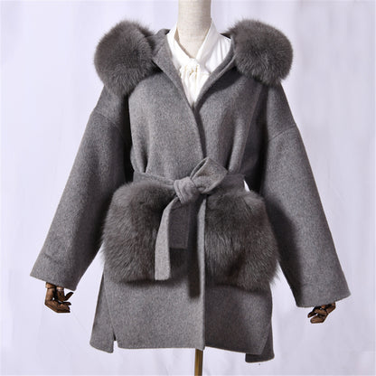Jaxmonoy Women Cashmere Coat With Fur Pocket