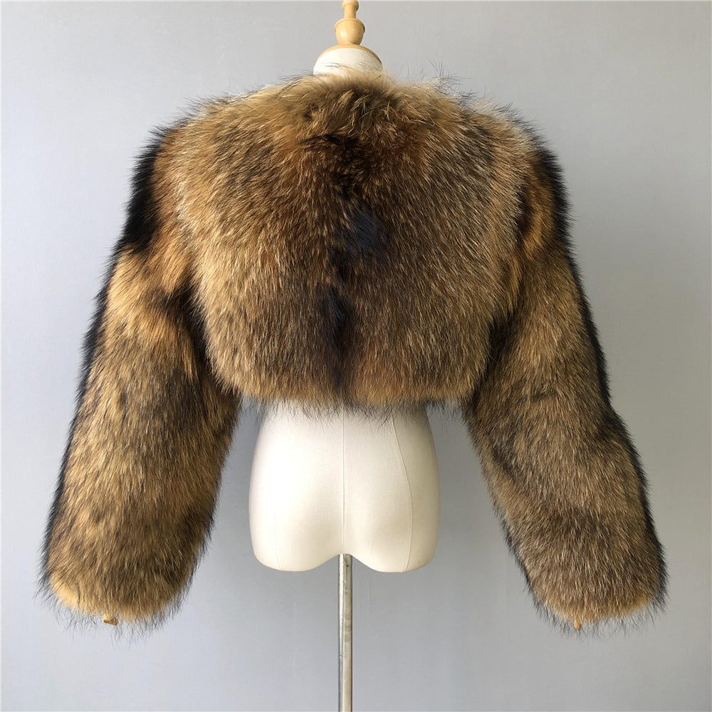 Jaxmonoy Real Raccoon Fur Coat Whole Fur Short Fur jacket