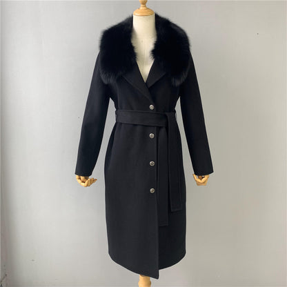 Jaxmonoy Stylish Cashmere Coat Fluffy Fox Fur Collar