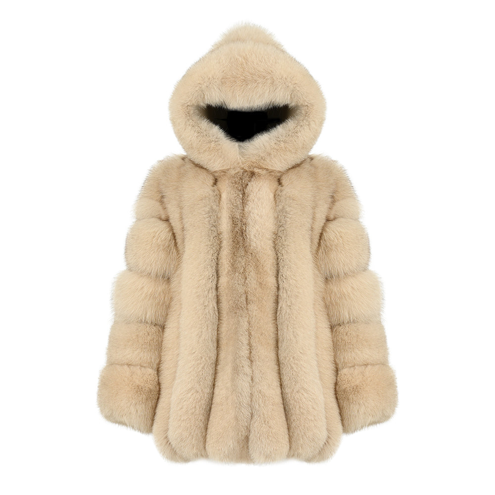 Fashion Ladies Long Sleeves Fluffy Real Fox Fur Coat With Fur Hood