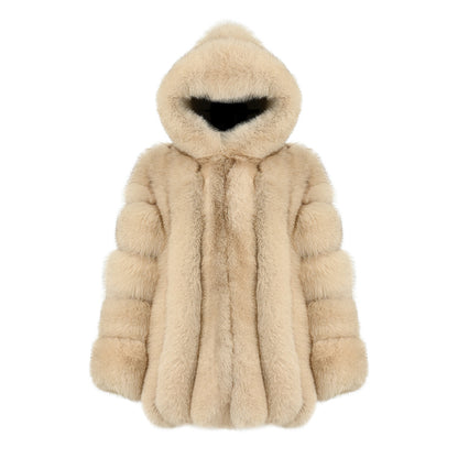 Fashion Ladies Long Sleeves Fluffy Real Fox Fur Coat With Fur Hood