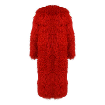 Winter Women Soft Sheep Shearling Jacket Overcoat Fashion Design Pocket Long Mongolian Lamb Shearling Coat