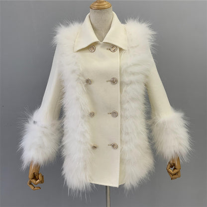 Jaxmonoy Women Cashmere Coat With Real Fur Cuffs Short Style