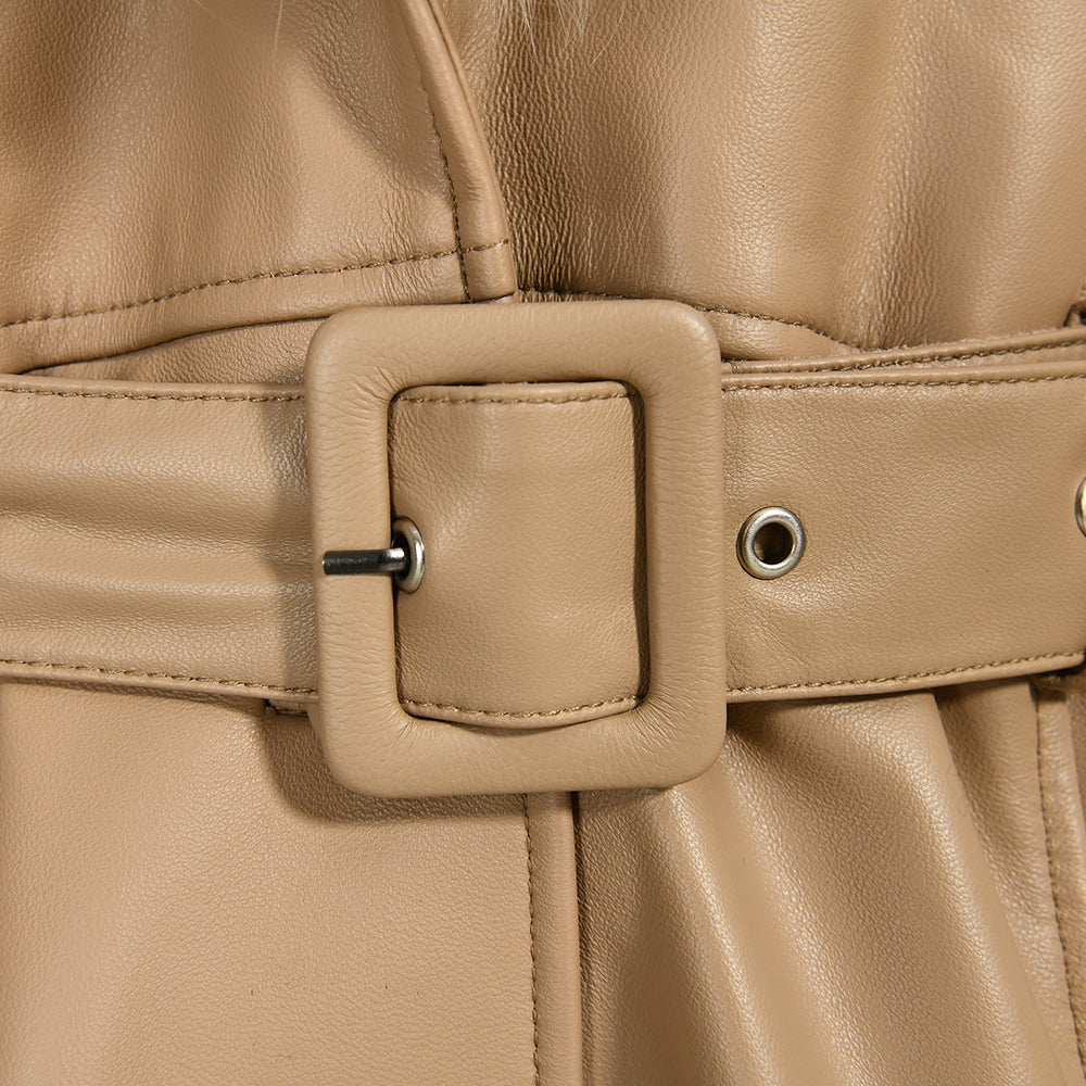 Custom Color Belt Design Genuine Leather Trench Coat With Sheep Fur