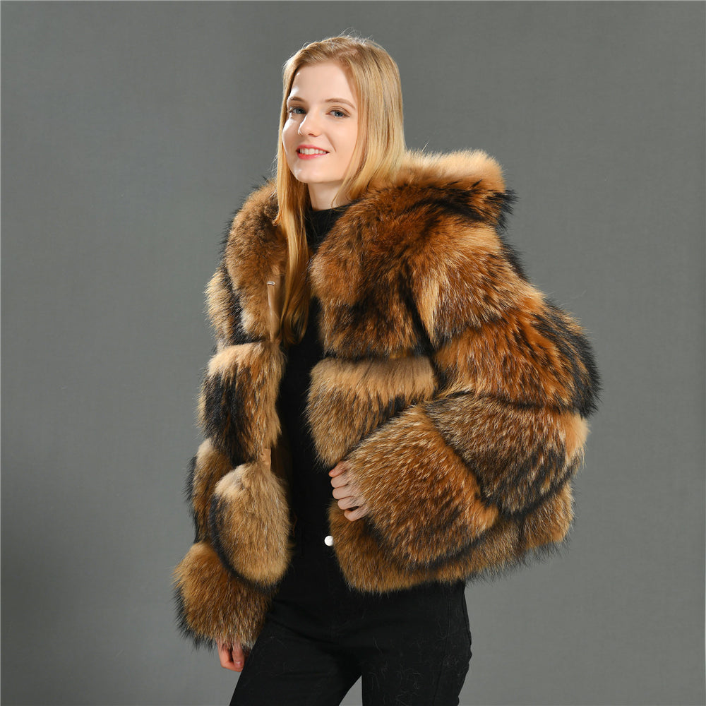 Jaxmonoy Natural 100% Real Raccoon Fur Coats Big Strips With Hood Short Style
