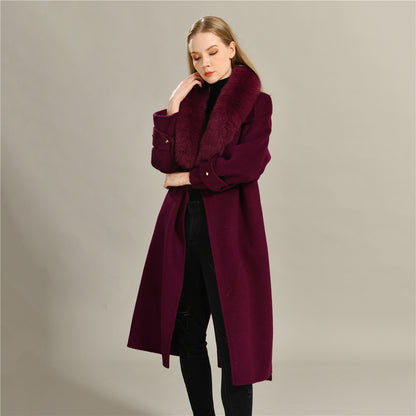 Jaxmonoy Cashmere Coat With Real Fur Collar And Rivet On The Belt