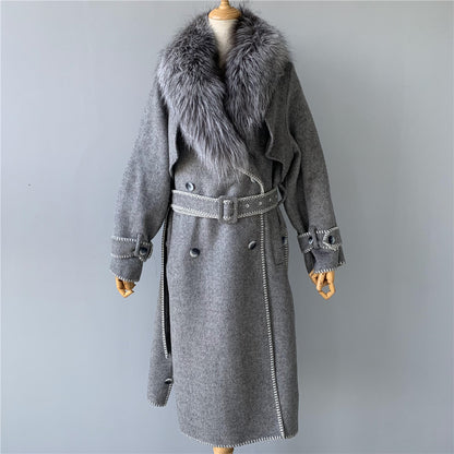 Jaxmonoy Fashionable Women Cashmere Coat With Big Real Fox Fur Collar