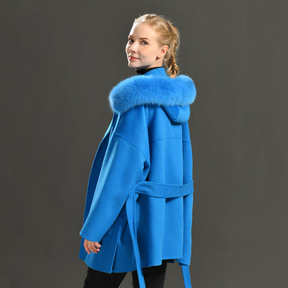 Jaxmonoy Oversize Loose Cashmere Wool Coat with Real Fox Fur Collar Winter Women Hood Outerwear Belt