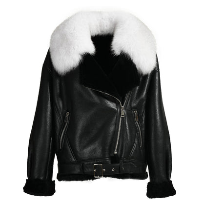 Shearling Coat With Real Fox Fur Collar Leather Jacket For Women