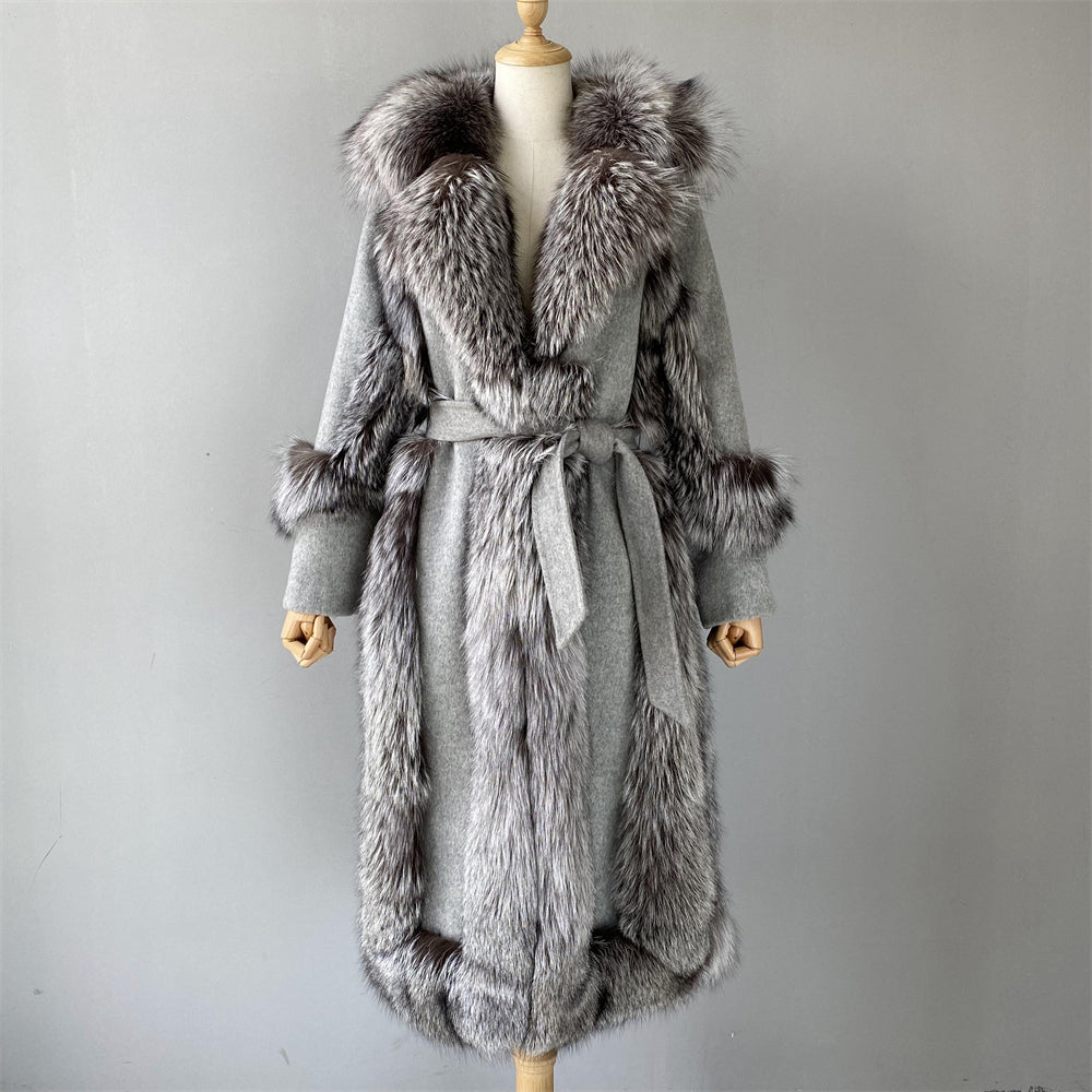 Jaxmonoy Women Wool Coat With Luxury Real Fur Collar And Belt
