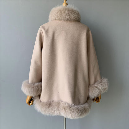 Jaxmonoy Elegant Women Cashmere Coat With Real Fur Collar Luxury Cloak
