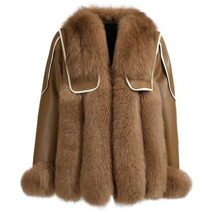 Genuine Leather Jacket With Real Fox Fur V-neck Collar Spring