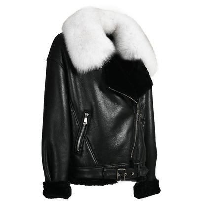 Shearling Coat With Real Fox Fur Collar Leather Jacket For Women