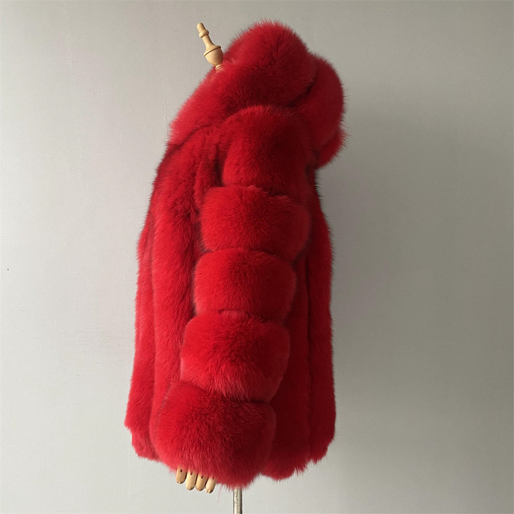 Fashion Ladies Long Sleeves Fluffy Real Fox Fur Coat With Fur Hood