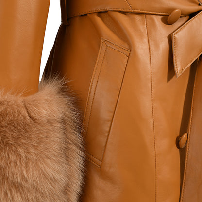 Winter Thick Warm Leather Trench Coat With Real Fox Fur Collar And Cuffs Fashion Long Genuine Leather Coat For Women