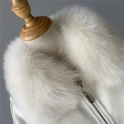 Jaxmonoy Women Cashmere Coat With Real Fur Collar And Cuffs