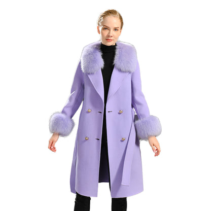 Jaxmonoy Women Winter Double Face Cashmere Coat Fluffy Genuine Fox Fur Collar Double Layer Cashmere Wool Coat