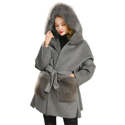 Jaxmonoy Women Cashmere Coat With Fur Pocket