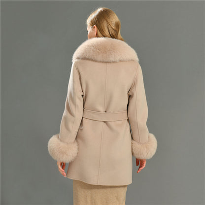 Jaxmonoy Elegant Women Regular Style Cashmere Coat With Real Fox Fur Collar And Cuffs