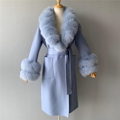 Jaxmonoy Slim Cashmere Coat Long Style Overcoat With Big Real Fur Collar And Double Cuffs