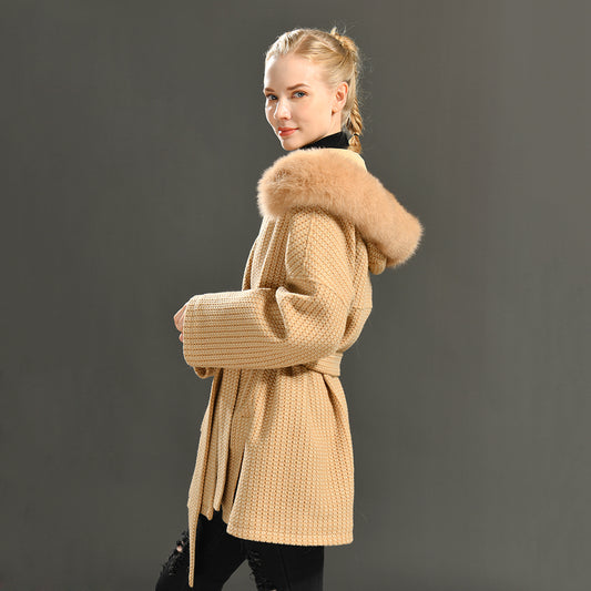 Jaxmonoy Autumn And Winter Cashmere Coat With Real Big Fur Collar