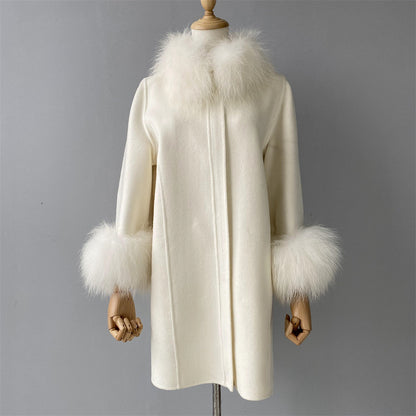 Jaxmonoy Stylish Cashmere Coat With Real Fur Collar And Cuffs Short Style