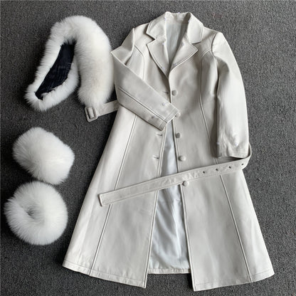 Jaxmonoy Leather Jacket Long Style Trench With Fox Fur Collar