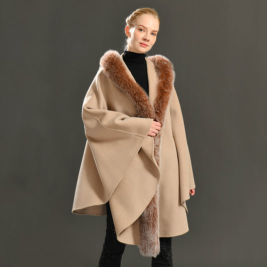 Jaxmonoy Luxurious Women Cashmere Cloak With Real Fox Fur Collar