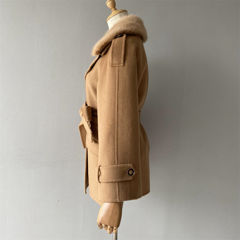 Wholesale Ladies Regular Length Cashmere Coat With Real Fox Fur Collar Custom Women Double-sided Wool Cashmere Coat