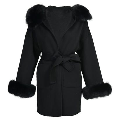 Jaxmonoy Ladies Cashmere Wool Coat Real Fox Fur Collar And Cuffs