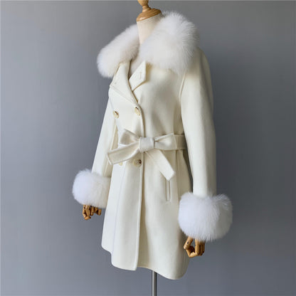 Jaxmonoy Real Fur Cashmere With Comfortable Fur Collar And Cuffs