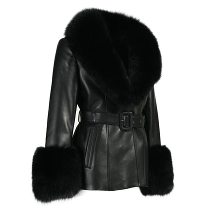 Regular Length Genuine Sheepskin Leather Coat With Real Fox Fur Collar And Cuffs Winter Women Leather Jacket Genuine