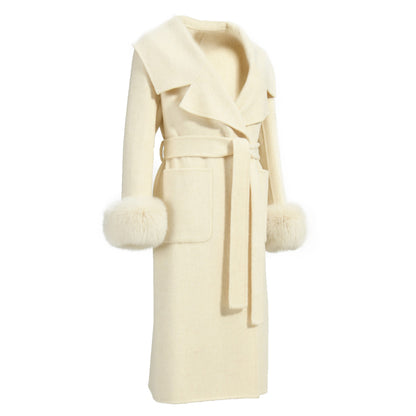 New Style Double-sided Cashmere Coat With Removable Fur Cuffs Custom Fashion Women Long Wool Cashmere Coat