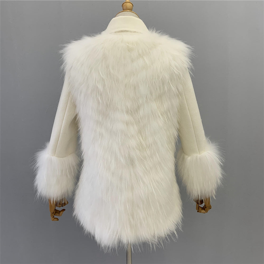 Jaxmonoy Women Cashmere Coat With Real Fur Cuffs Short Style