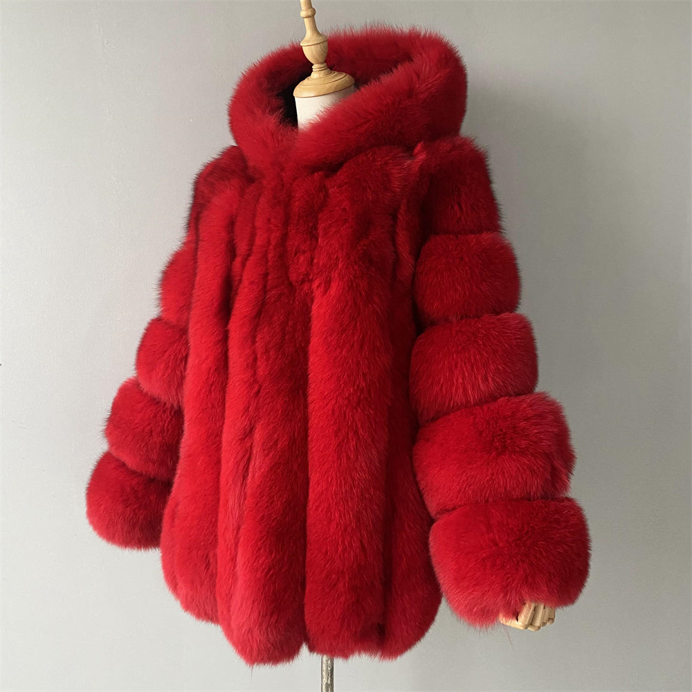 Fashion Ladies Long Sleeves Fluffy Real Fox Fur Coat With Fur Hood